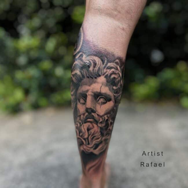 Artist Rafael Stoic Head Face Realism Black Calf Tattoo