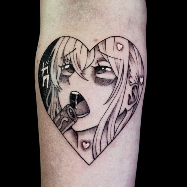 Chloe Tattoo Artist Anime Cartoon Black Heart with Anime Female Character Hearts Pleasure Within Forearm Tattoo