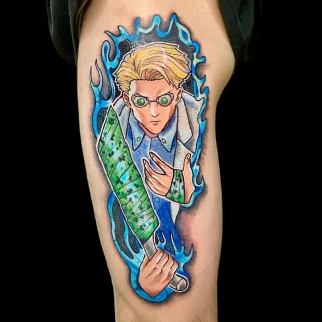 Chloe Tattoo Artist Colour Anime Character Man Green Sword Glasses Blue Fire Blond Hair Leg Tattoo