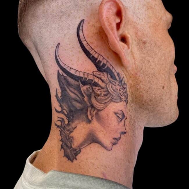 Chloe Tattoo Black Realism Woman Head Horns Hair Neck Neck Tattoo