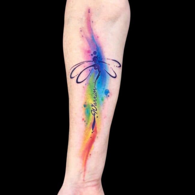 Colour Dragonfly Text Semicolon Arm Tattoo