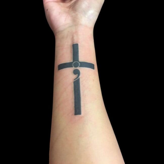 Cross Arm Wrist Black Semicolon Tattoo