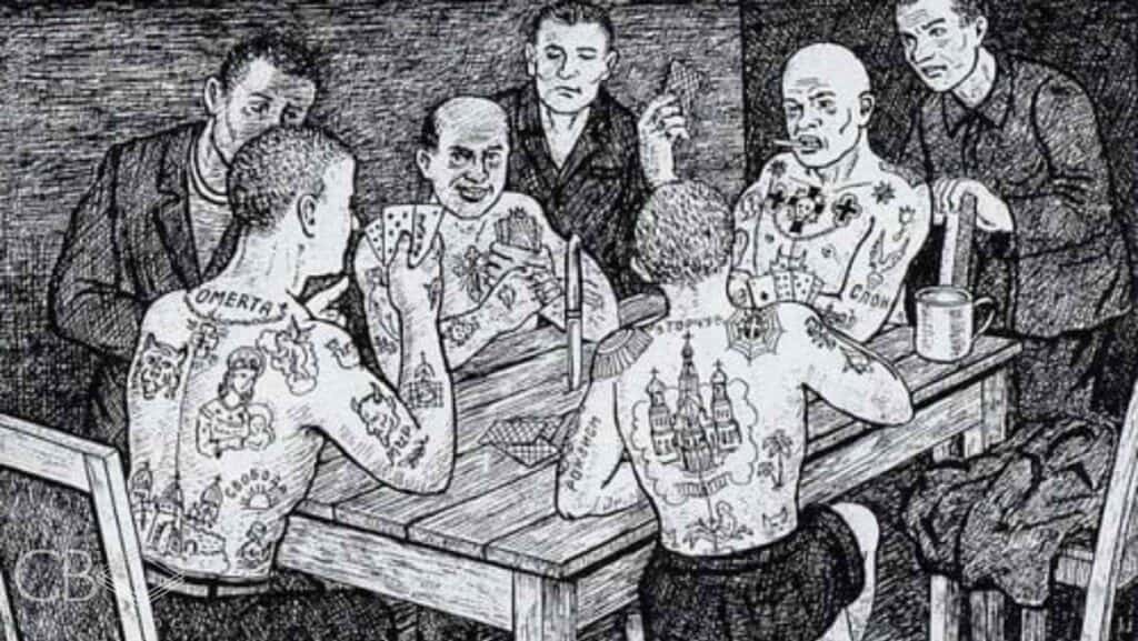Decoded The Symbols and Stories of Russian Prison Tattoos Black and White Drawing of Tattooed People Playing Cards Blog Cover