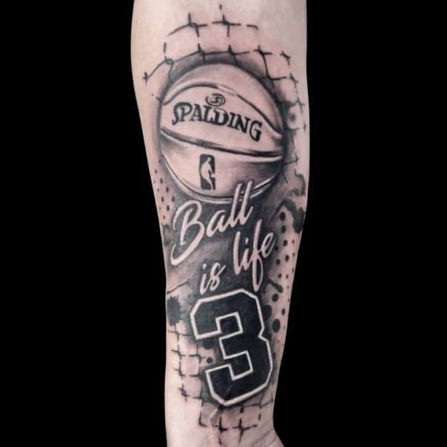 Elizabeth Tattoo Artist Chicano Graffiti Black Net Basketball Spalding Text 3 Arm Tattoo
