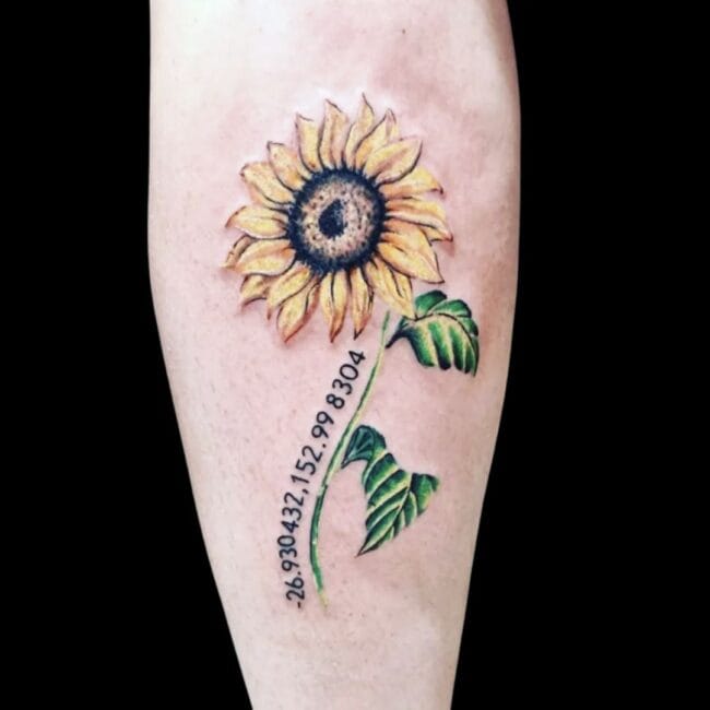 Elizabeth Tattoo Artist Colour Traditional Flower Leaves Coordinates Numbers Arm Tattoo