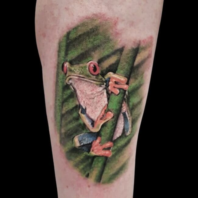 Elizabeth Tattoo Artist Realism Colour Green Frog Green Leaf Arm Tattoo
