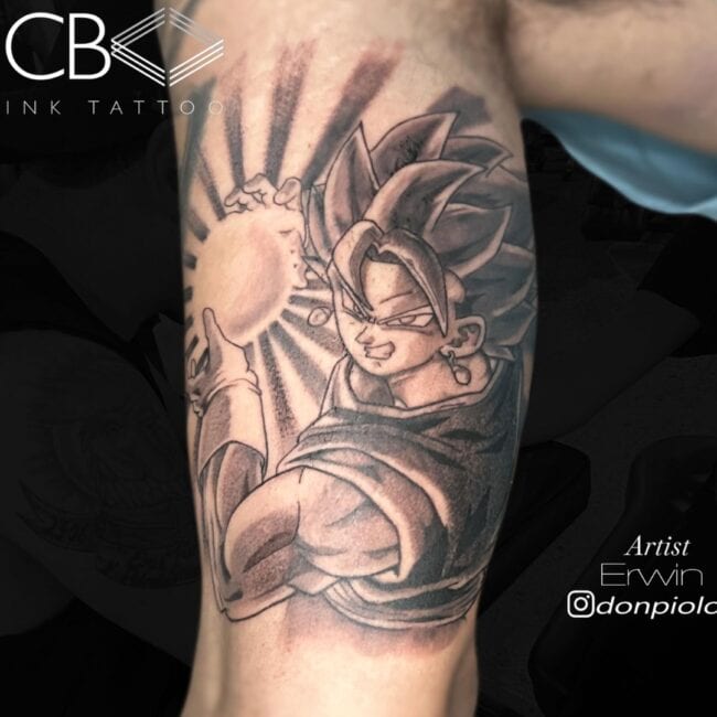Erwin Tattoo Artist Realism Cartoon Anime Black and Grey Super Saiyan Anime Character Orb of Power Arm Tattoo