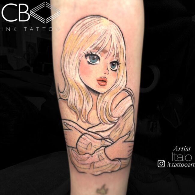 Italo Tattoo Artist Cartoon Colour Fine-Line Girl Head Big Blue Eyes Pink Lips Blonde Hair Hug Forearm Tattoo