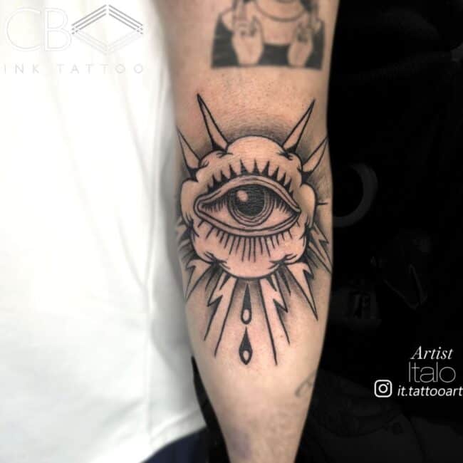 Italo Tattoo Artist Traditional Old-School Eye Clouds Lightning Arm Tattoo