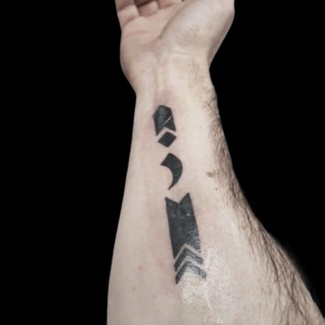 Man Hand Arm Black Geometric Arrow Semicolon Tattoo