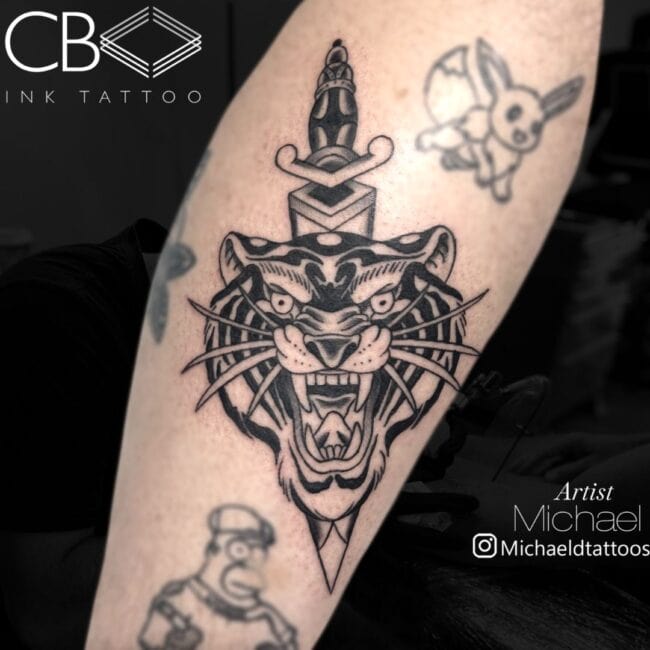 Michael Tattoo Artist Traditional Old-School Black Tiger Dagger Arm Tattoo