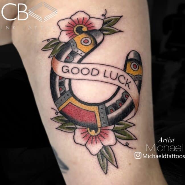Michael Tattoo Artist Traditional Old-School Colour Horseshoe Flowers Good Luck Arm Tattoo