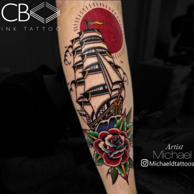 Michael Tattoo Artist Traditional Old-School Colour Sailing Ship Rose Sun Arm Tattoo