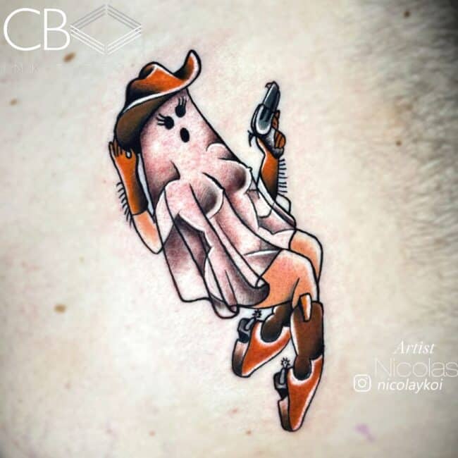 Nicolas Tattoo Artist Traditional Old-School Colour Woman Cowboy Shoes Cowboy Hat Tattoo