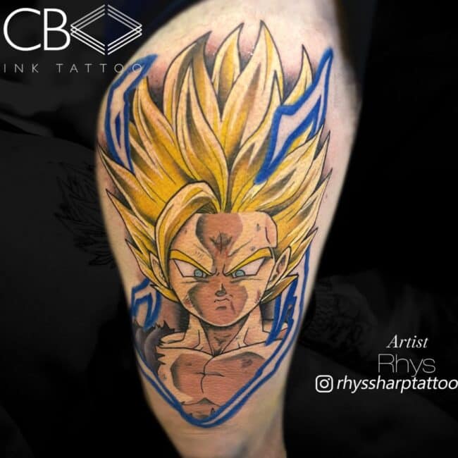 Rhys Tattoo Artist Anime Colour Super Saiyan Head Blonde Hair Blue Lightning Leg Tattoo