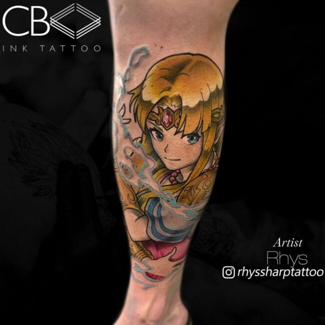 Rhys Tattoo Artist Cartoon Anime Colour Zelda from The Legend of Zelda Game Character Calf Tattoo