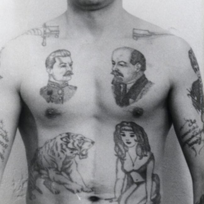 Russian Man Lenin and Stalin Tattoo Black and White Full Front Body Tattoo Picture