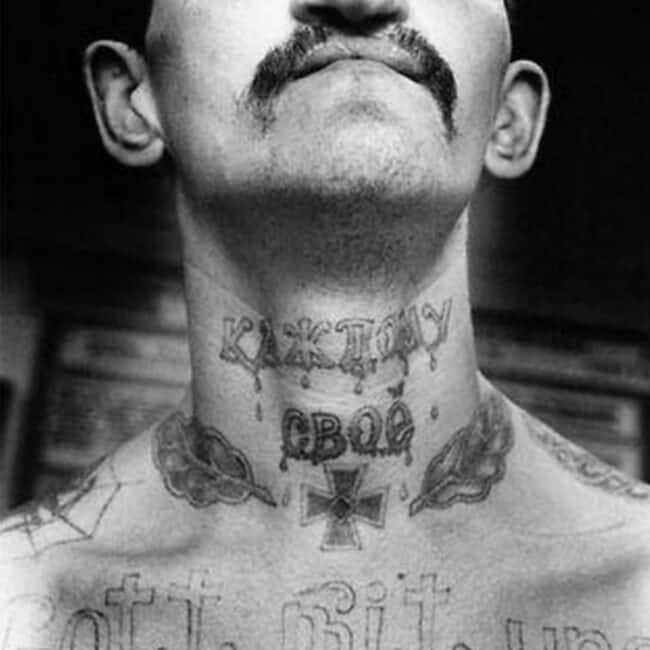 Russian Man The Barbed Wire Tattoo Black and White Neck Tattoo Picture
