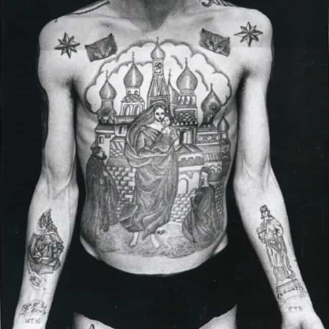 Russian Man The Cathedral Tattoo Black and White Full Front Body Tattoo Picture