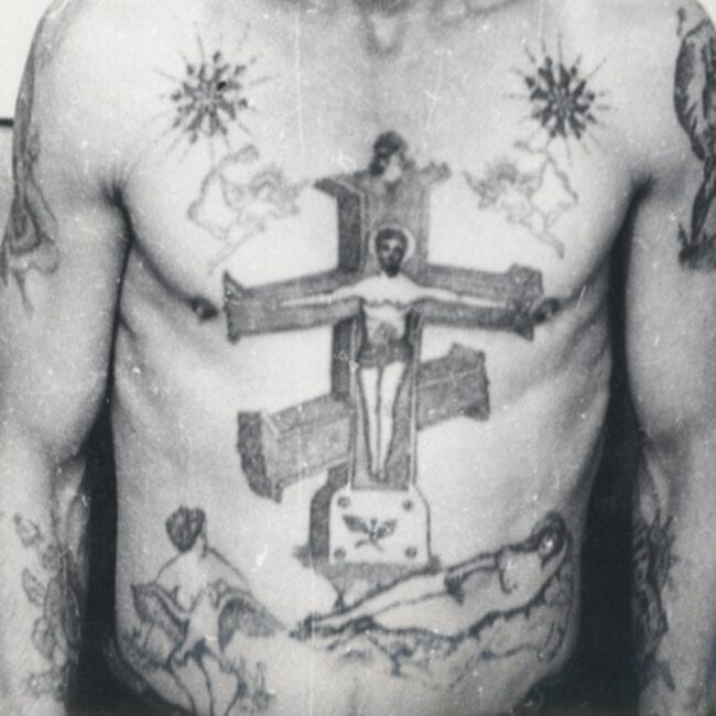 Russian Man The Cross Tattoo Black and White Full Front Body Tattoo Picture