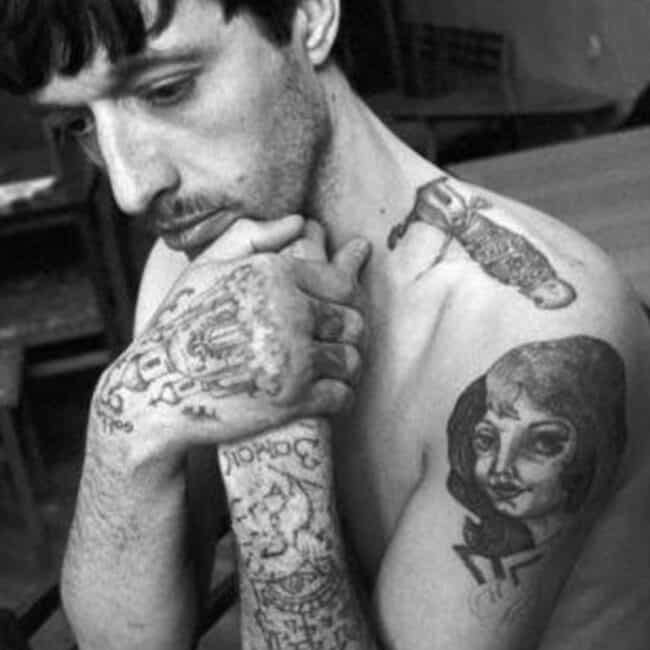 Russian Man The Dagger Tattoo Black and White Full Front Body Tattoo Picture
