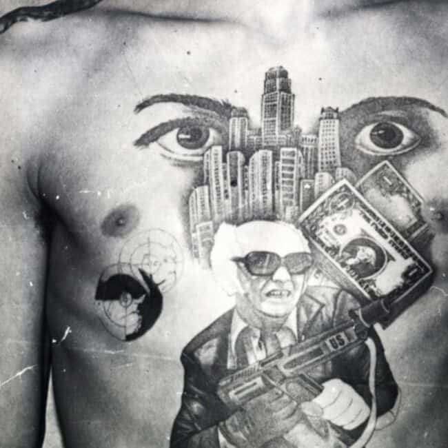 Russian Man The Eyes Tattoo Black and White Full Front Body Tattoo Picture