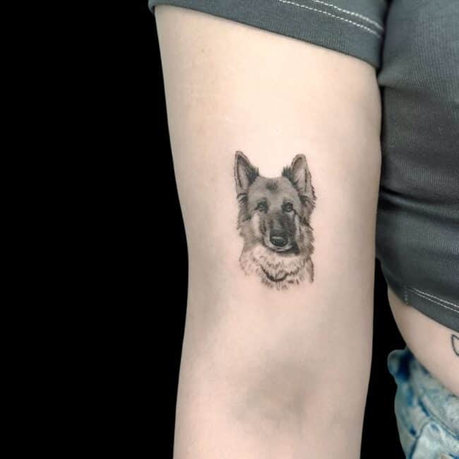 Seb Tattoo Artist Black and Grey Micro Realism German Shepherd Head Face Ears Nose Fur Portrait Arm Tattoo