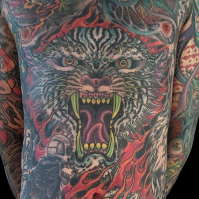 Traditional Wild Tiger Teeth Fire Elements Roar Full Band and Arms Tattoo