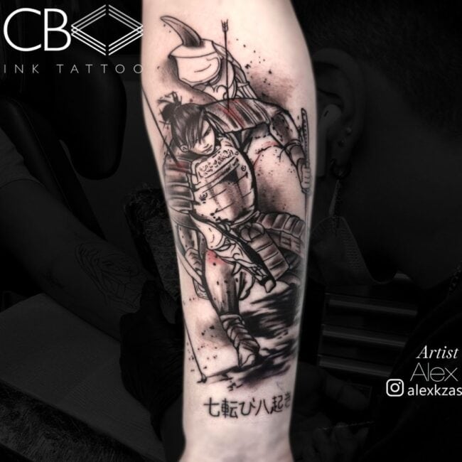 Alex Tattoo Artist Japanese Realism Colour Black and Grey Writing Samurai in Armour No Helmet Holding Katana Hit by Arrows Kneeling with Japanese Writing Below Forearm Tattoo
