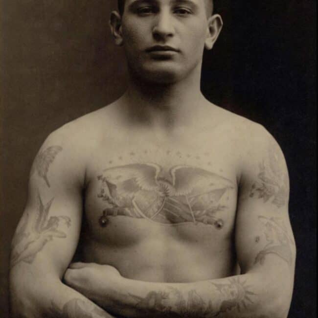 American Soldier in Germany, 1918, Topless Man Soldier Posing Showing Off His Chest and Hand Tattoos Black and White Photo