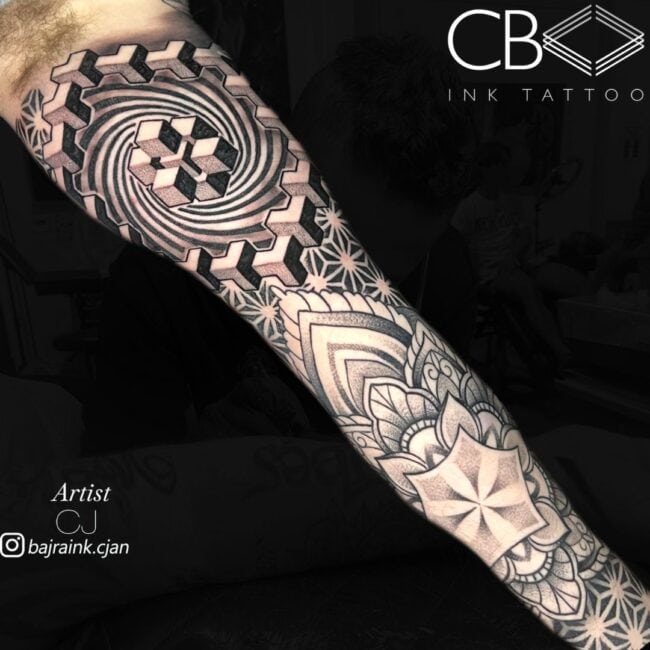 CJ Tattoo Artist Mandala Geometric Cubic Patterns on the Top Complex Geometric Elements on the Bottom Arm Sleeve Tattoo