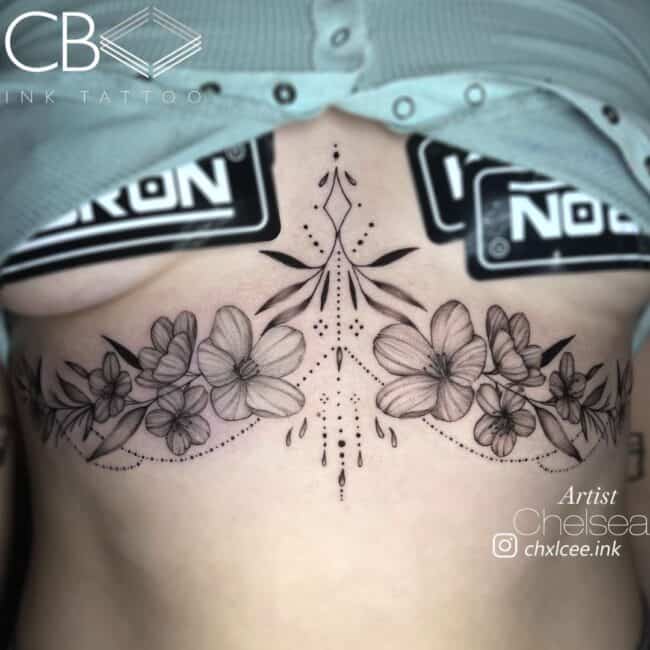 Chelsea Tattoo Artist Fine Line Dotwork Multiple Flowers with Leaves Geometrical Patterns Dots Sternum Tattoo