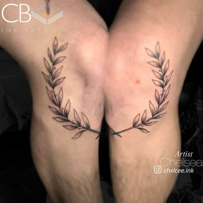 Chelsea Tattoo Artist Realism Fine Line Black and Grey Connectin Wreath on Both Knees Leg Knee Tattoo