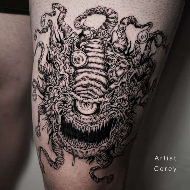 Corey Tattoo Artist Blackwork Monster with Multiple Tentacles One Big Eye Big Scary Mouth Deformed Detailed Leg Thigh Tattoo