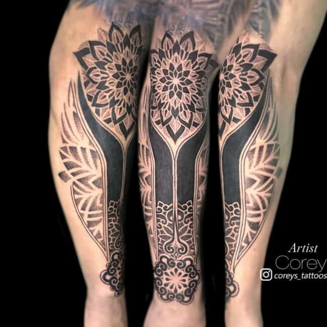 Corey Tattoo Artist Mandala Geometric Black and Grey Floral Pattern Black Lines Subtle Mandala Background Forearm Tattoo