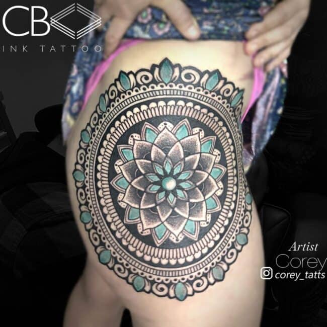 Corey Tattoo Artist Mandala Geometric Colour Floral Middle Grey and Blue Detailed Ornaments Making Circular Thigh Tattoo