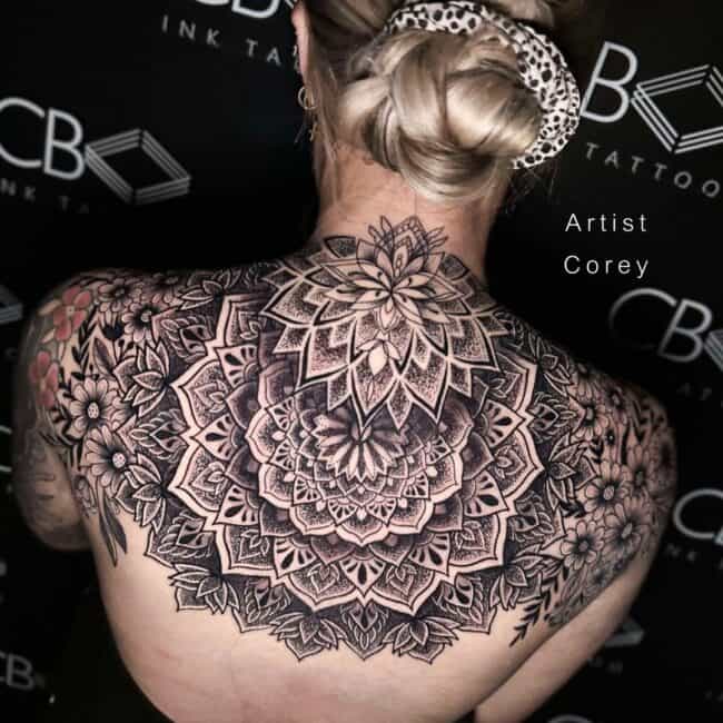 Corey Tattoo Artist Mandala Geometric Detailed Floral Patterns Mandala with Flowers and Leaves Full Upper Back Tattoo