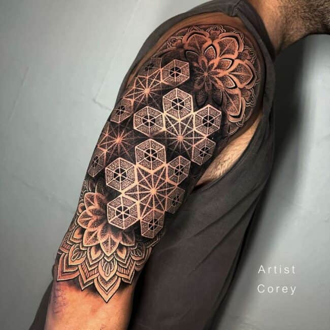 Corey Tattoo Artist Mandala Geometric Floral Patterns on Top and the Bottom Distinctive Bold Geometric Fractal Patterns Arm Tattoo