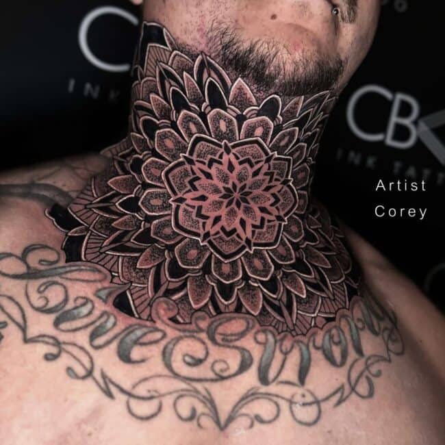 Corey Tattoo Artist Mandala Geometric Flower Patterns Full-Frontal Neck Tattoo
