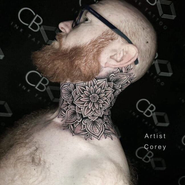 Corey Tattoo Artist Mandala Geometric Mandala with Floral Patterns Full Neck Tattoo