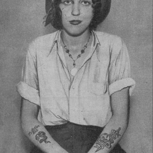 Dorcas Bacon (aka Sally Scott), American Criminal, c. 1931, Dorcas Bacon Portrait Showing Off Her Arm Tattoos Black and White Photo