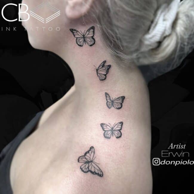 Erwin Tattoo Artist Fine Line Five Butterflies In Motion Shoulder and Neck Tattoo