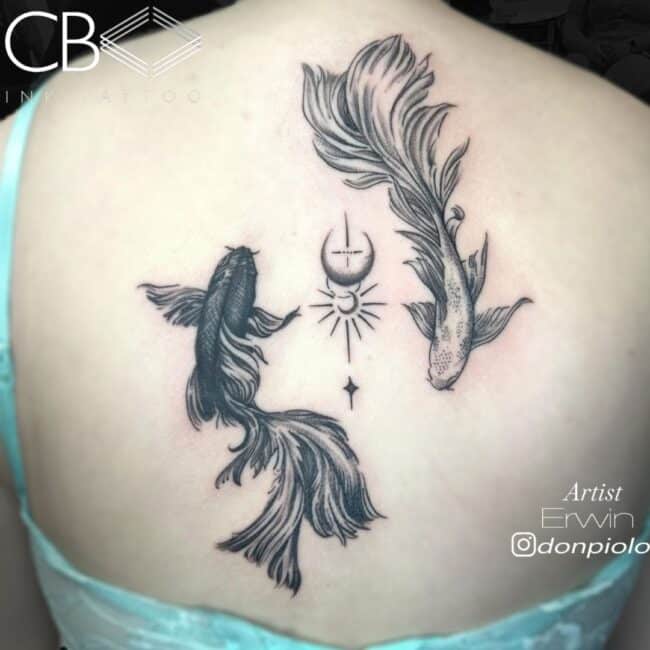 Erwin Tattoo Artist Realism Black and Grey Two Siamese Fighting Fish One Black One White Circling Sun and Moon Tattoo Symbol Back Tattoo
