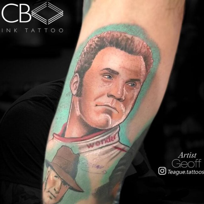 Geoff Tattoo Artist Realism Colour Talladega Nights Ricky Bobby In NASCAR Suit Portrait Arm Tattoo
