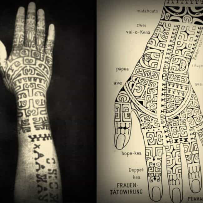 Image of Polynesian Ancient Mandala Geometric Tattoo Structure with Tattooed Hand Photo