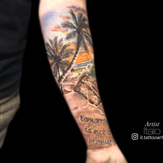 Italo Tattoo Artist Colour Realism Full-Color Realism Beach Scene with Palm Trees & Hourglass Full Forearm Tattoo