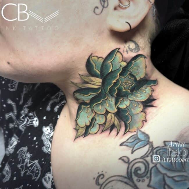 Italo Tattoo Artist Neo Traditional Colour Lotus Bloom Green and Yellow with Black Shadowing Neck Tattoo