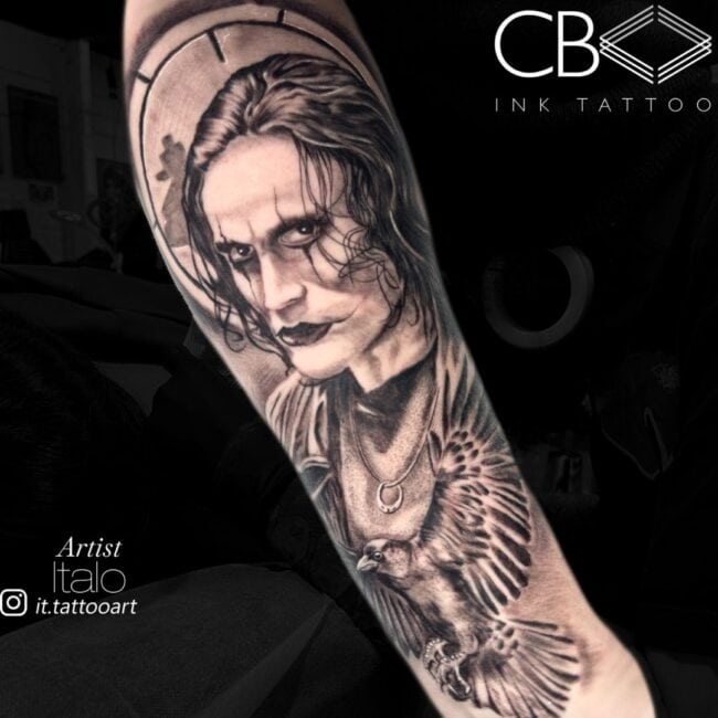 Italo Tattoo Artist Realism Black and Grey The Crow Brandon Lee as Eric Draven Portrait With Crow The Bird Below Portrait Arm Sleeve Tattoo