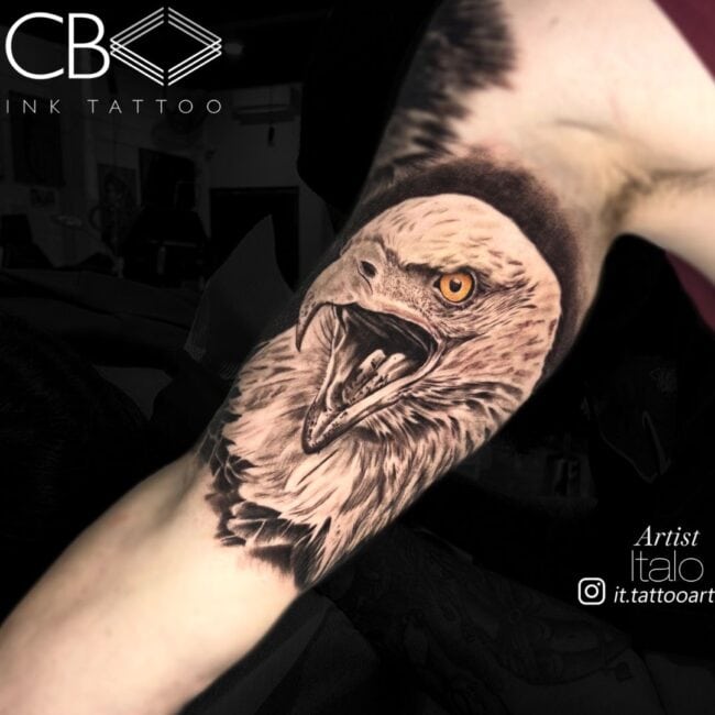Italo Tattoo Artist Realism Black and Grey Yellow Bald Eagle Beak Open Yellow Eyes Distinctive Feathers Arm Tattoo