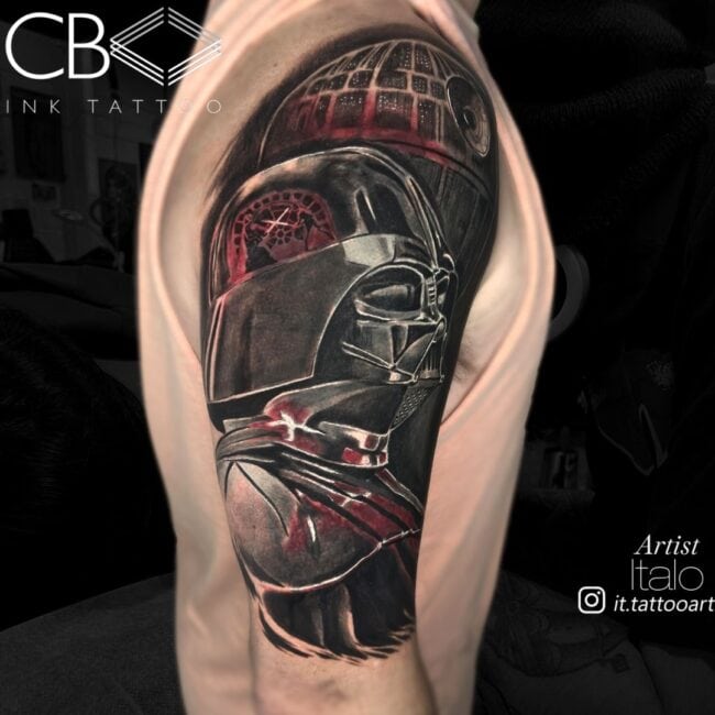 Italo Tattoo Artist Realism Black and Grey and Red Darth Vader Upper Body Bust with Death Star in the Background Arm Sleeve Tattoo